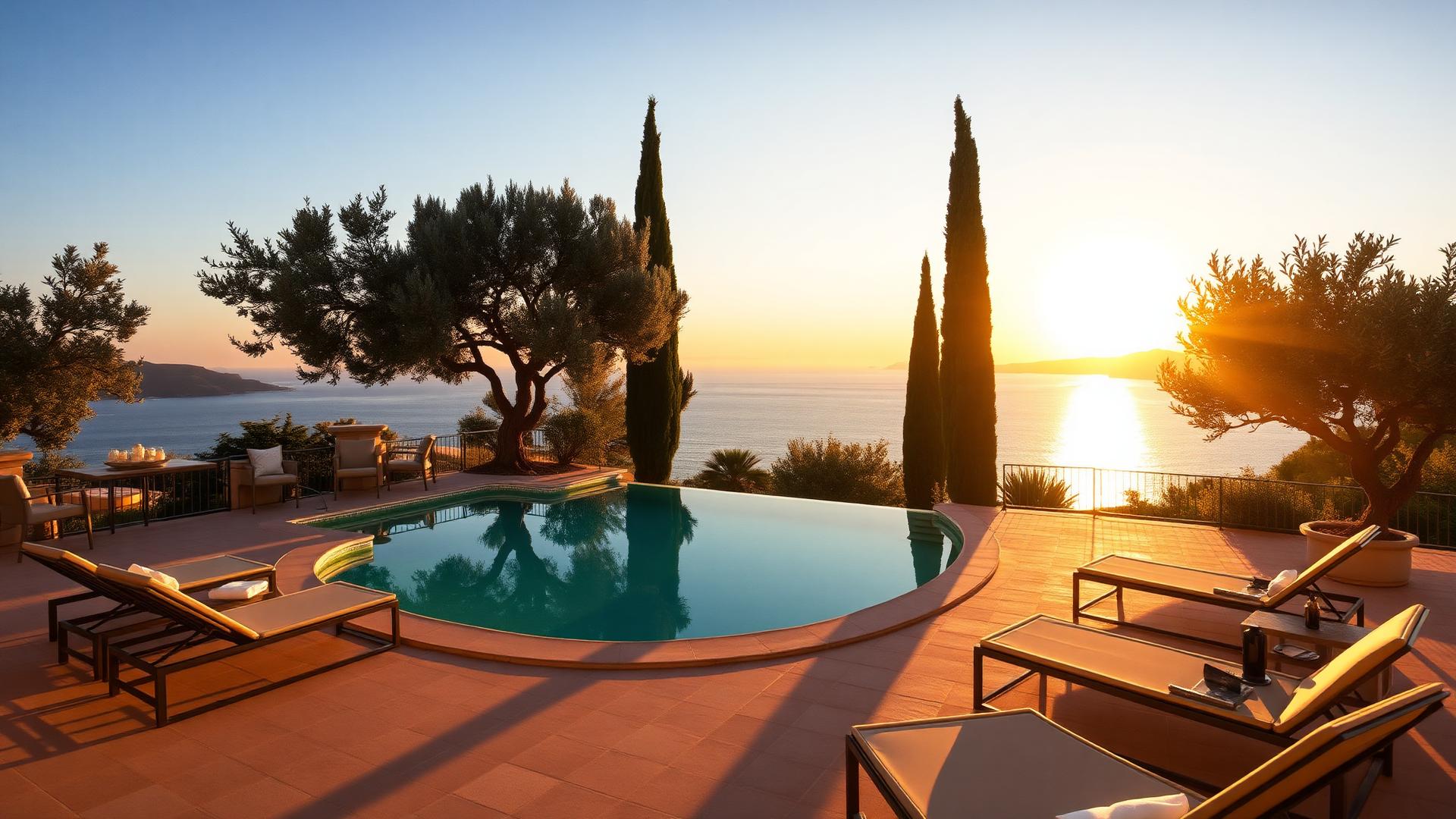 Luxury Mediterranean villa terrace at golden hour